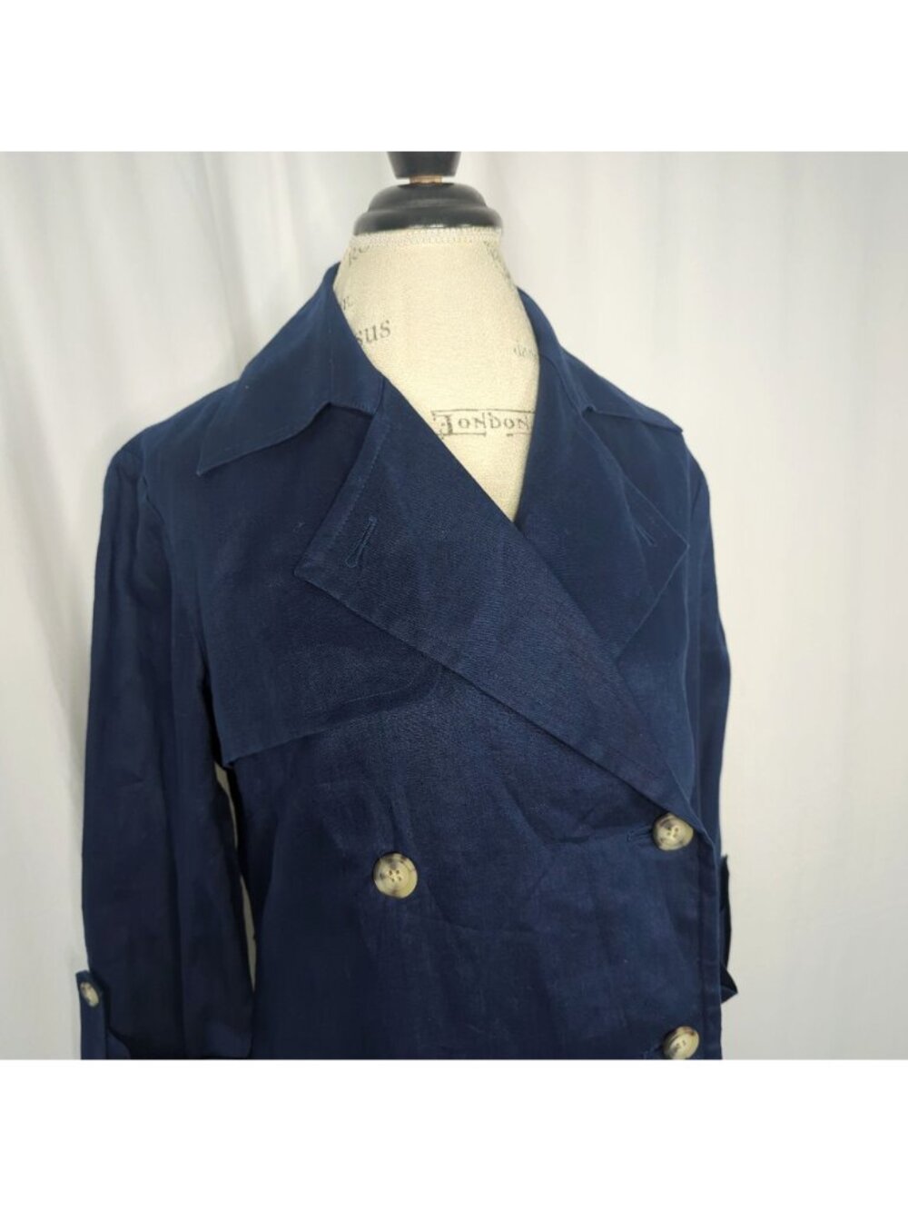 Vintage 90s Talbots Double Breasted Dress 8 Medium Blue Linen - Picture 2 of 10